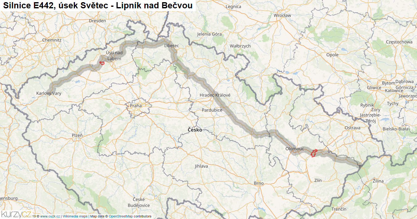 Úsek Světec - Lipník nad Bečvou, Silnice E442 - Mapa