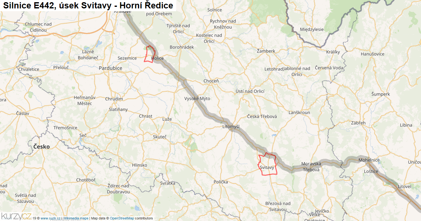 Úsek Svitavy - Horní Ředice, Silnice E442 - Mapa