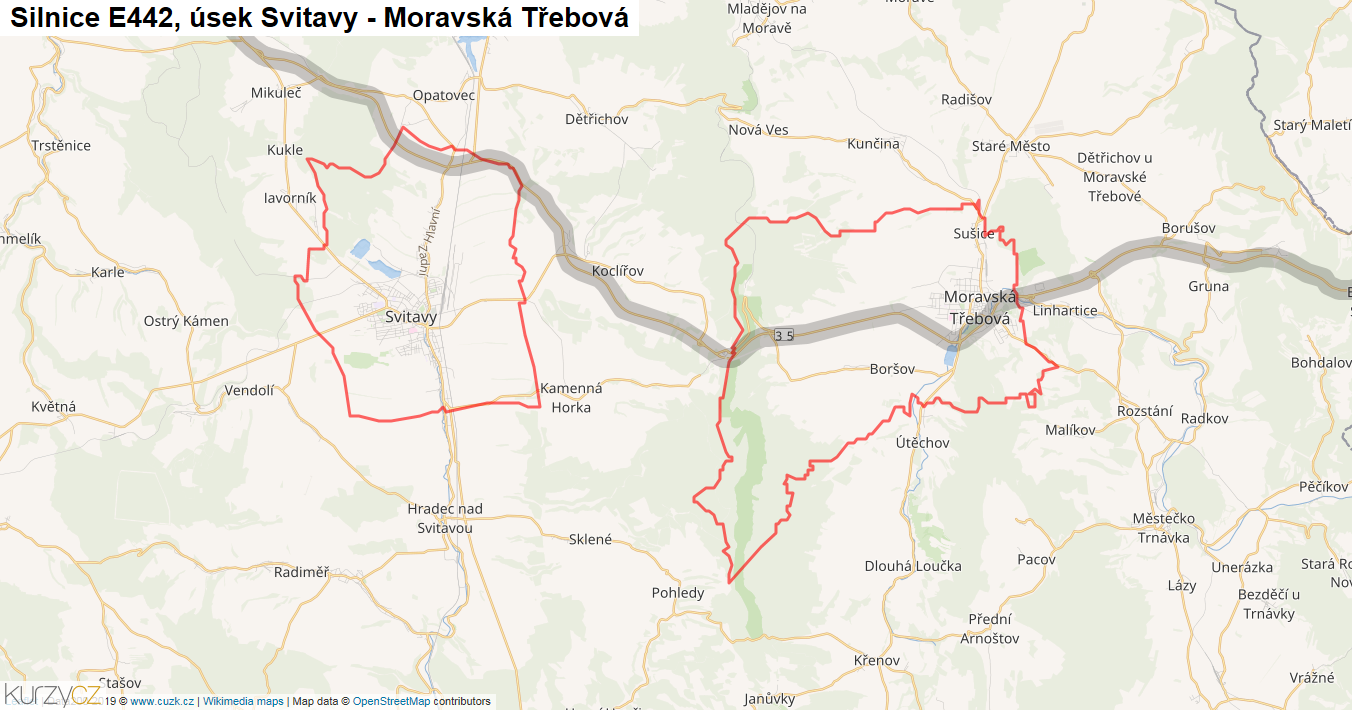 Úsek Svitavy - Moravská Třebová, Silnice E442 - Mapa