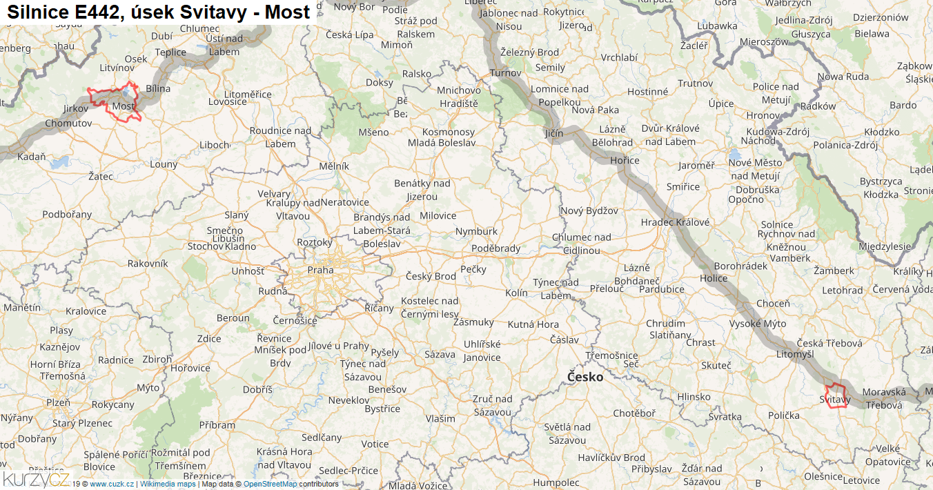 Úsek Svitavy - Most, Silnice E442 - Mapa