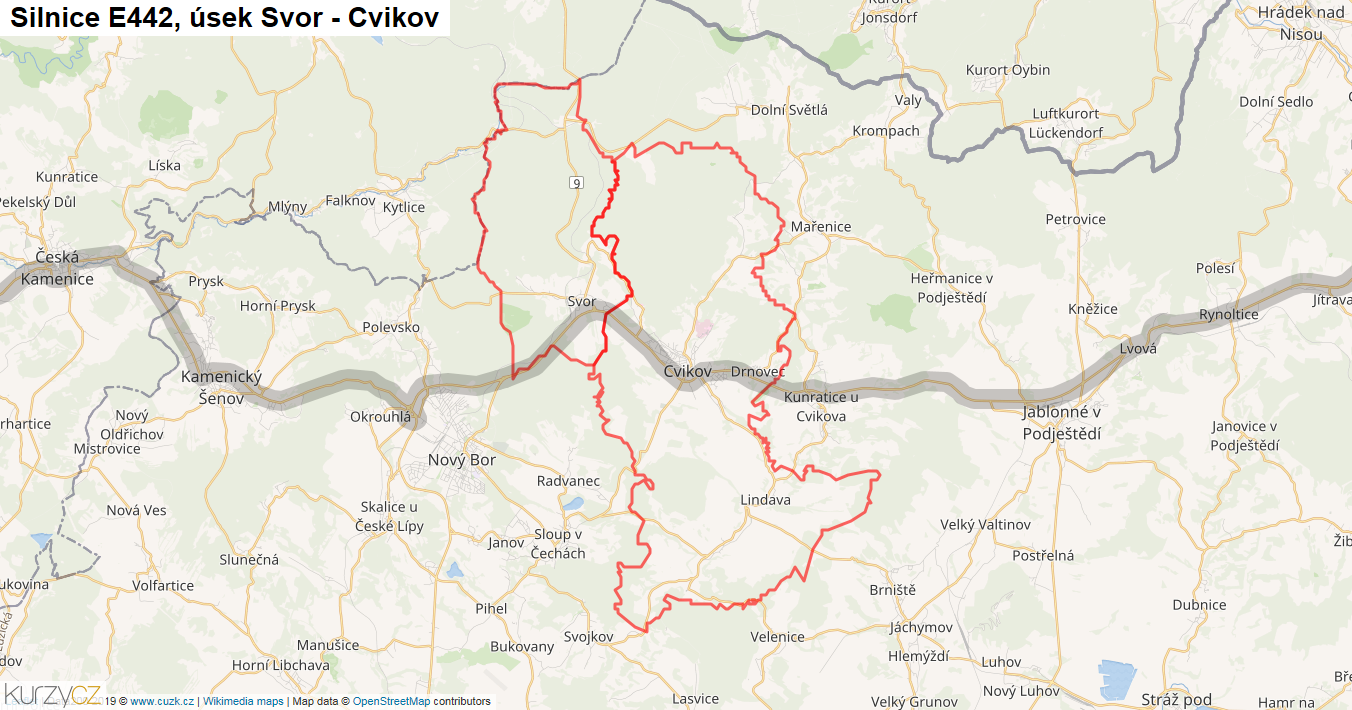 Úsek Svor - Cvikov, Silnice E442 - Mapa