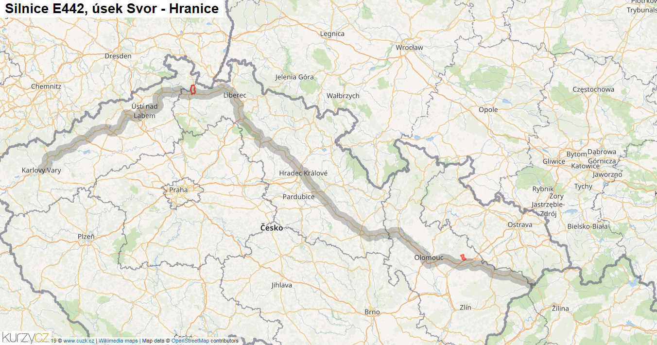 Úsek Svor - Hranice, Silnice E442 - Mapa