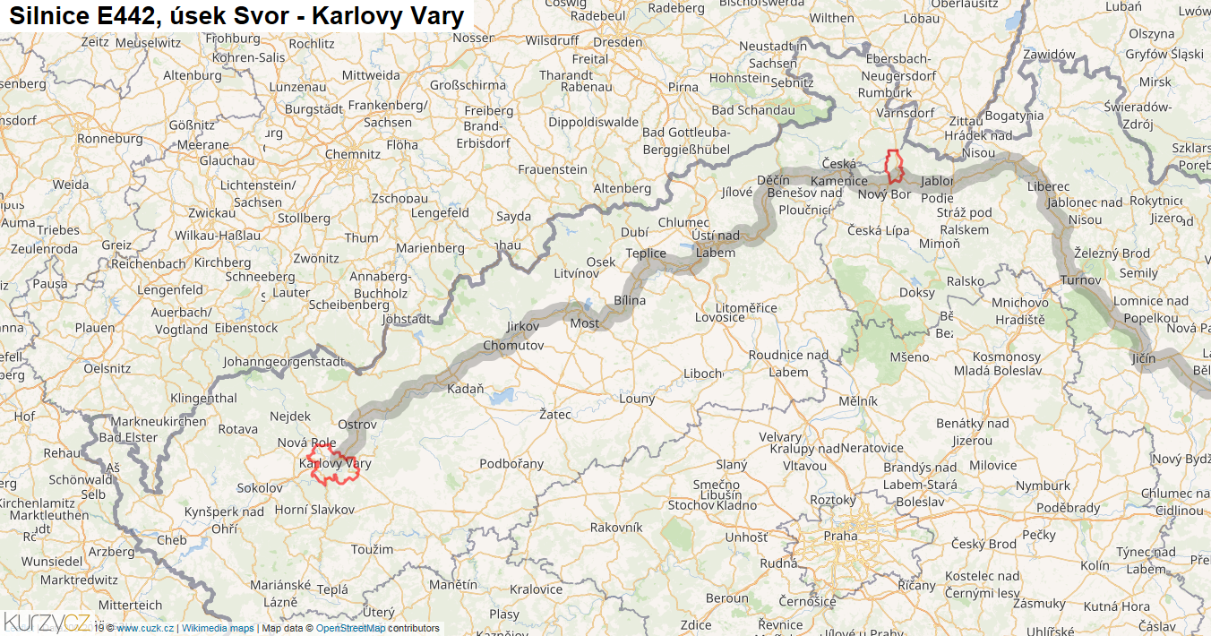 Úsek Svor - Karlovy Vary, Silnice E442 - Mapa