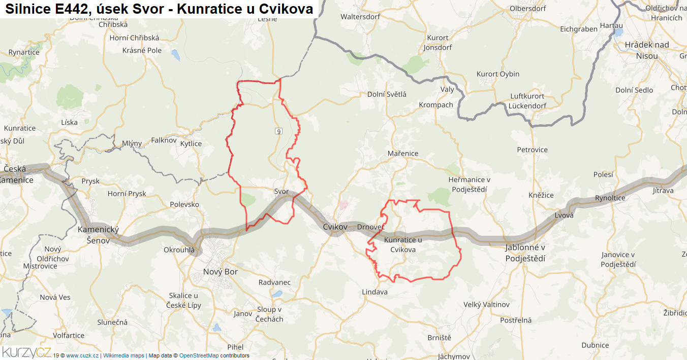 Úsek Svor - Kunratice u Cvikova, Silnice E442 - Mapa