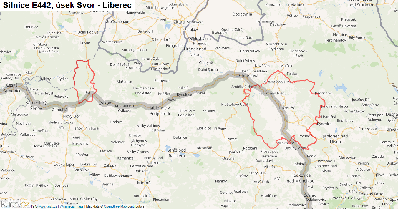 Úsek Svor - Liberec, Silnice E442 - Mapa