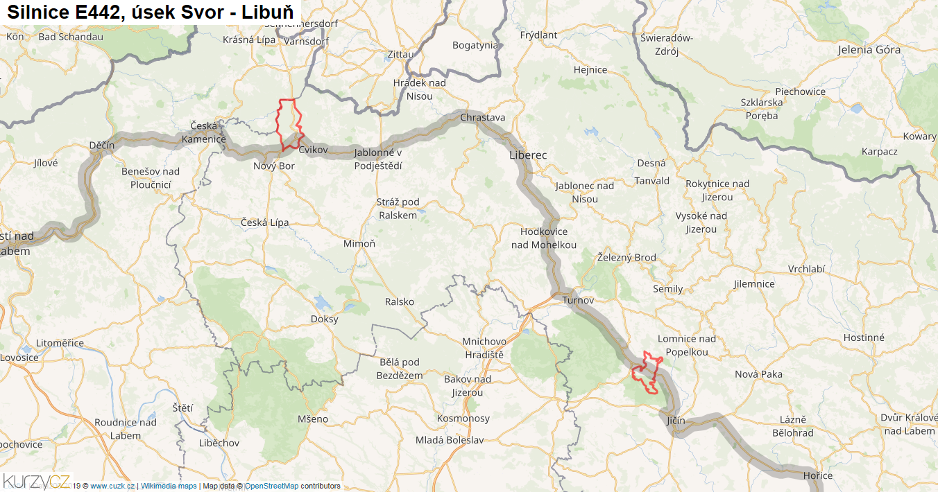 Úsek Svor - Libuň, Silnice E442 - Mapa