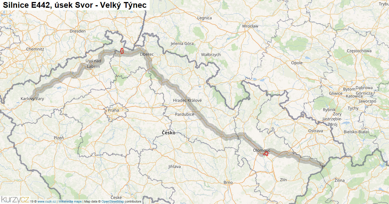 Úsek Svor - Velký Týnec, Silnice E442 - Mapa