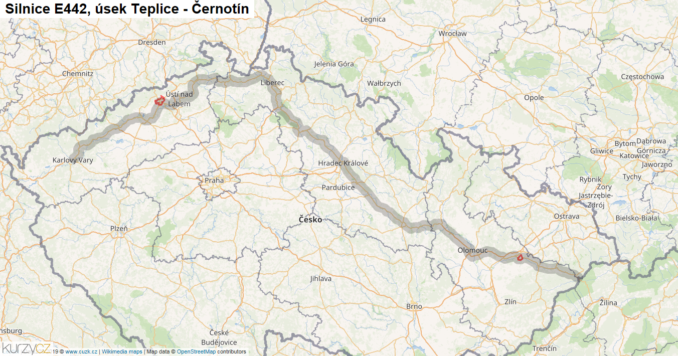 Úsek Teplice - Černotín, Silnice E442 - Mapa