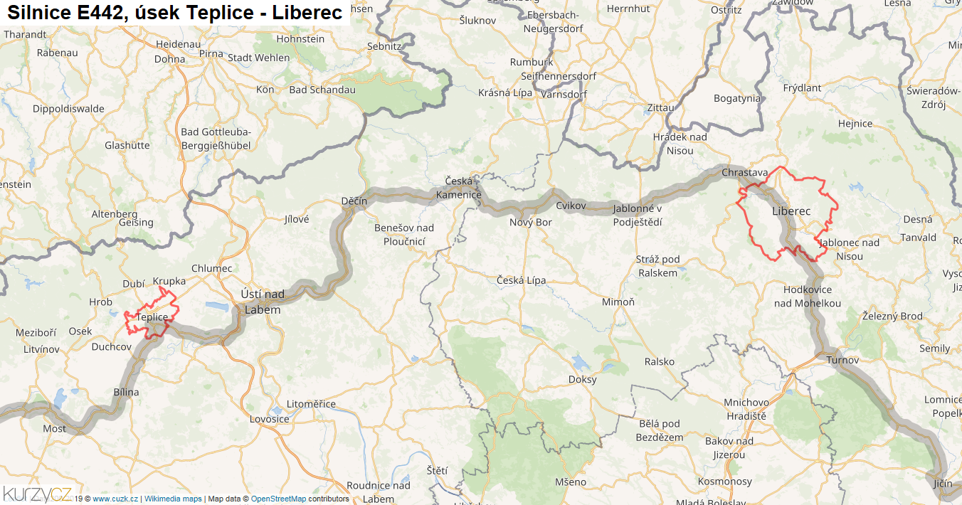 Úsek Teplice - Liberec, Silnice E442 - Mapa