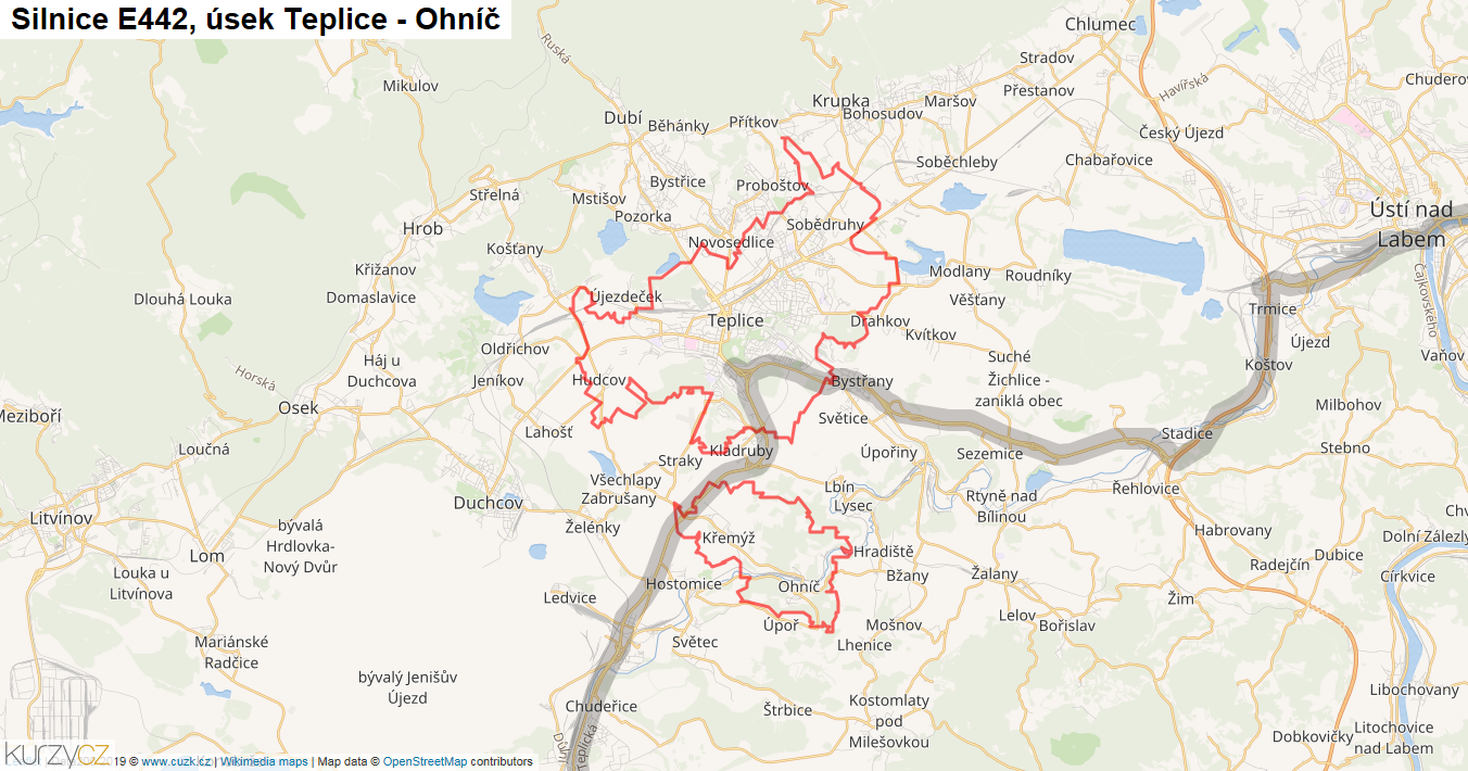 Úsek Teplice - Ohníč, Silnice E442 - Mapa