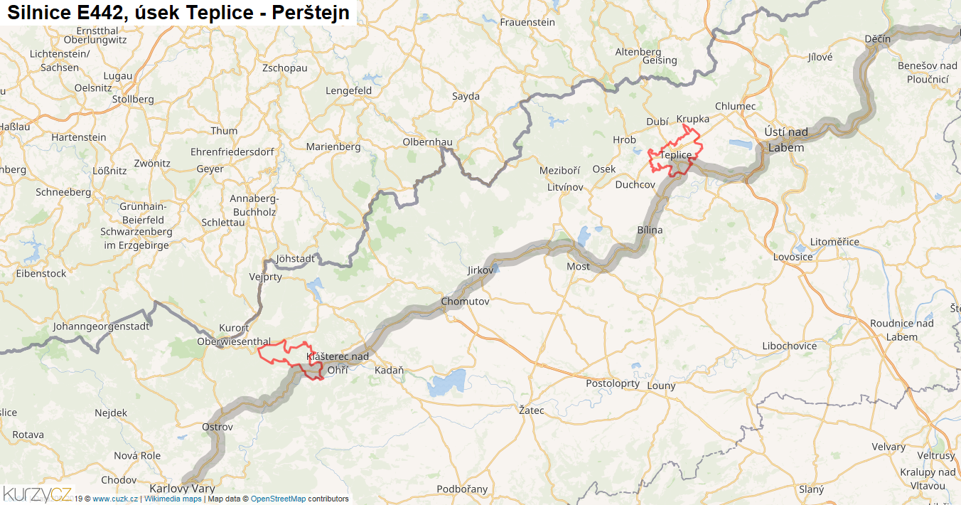 Úsek Teplice - Perštejn, Silnice E442 - Mapa