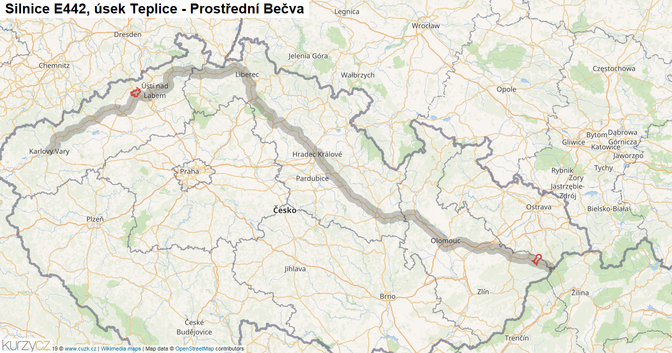 Úsek Teplice - Prostřední Bečva, Silnice E442 - Mapa