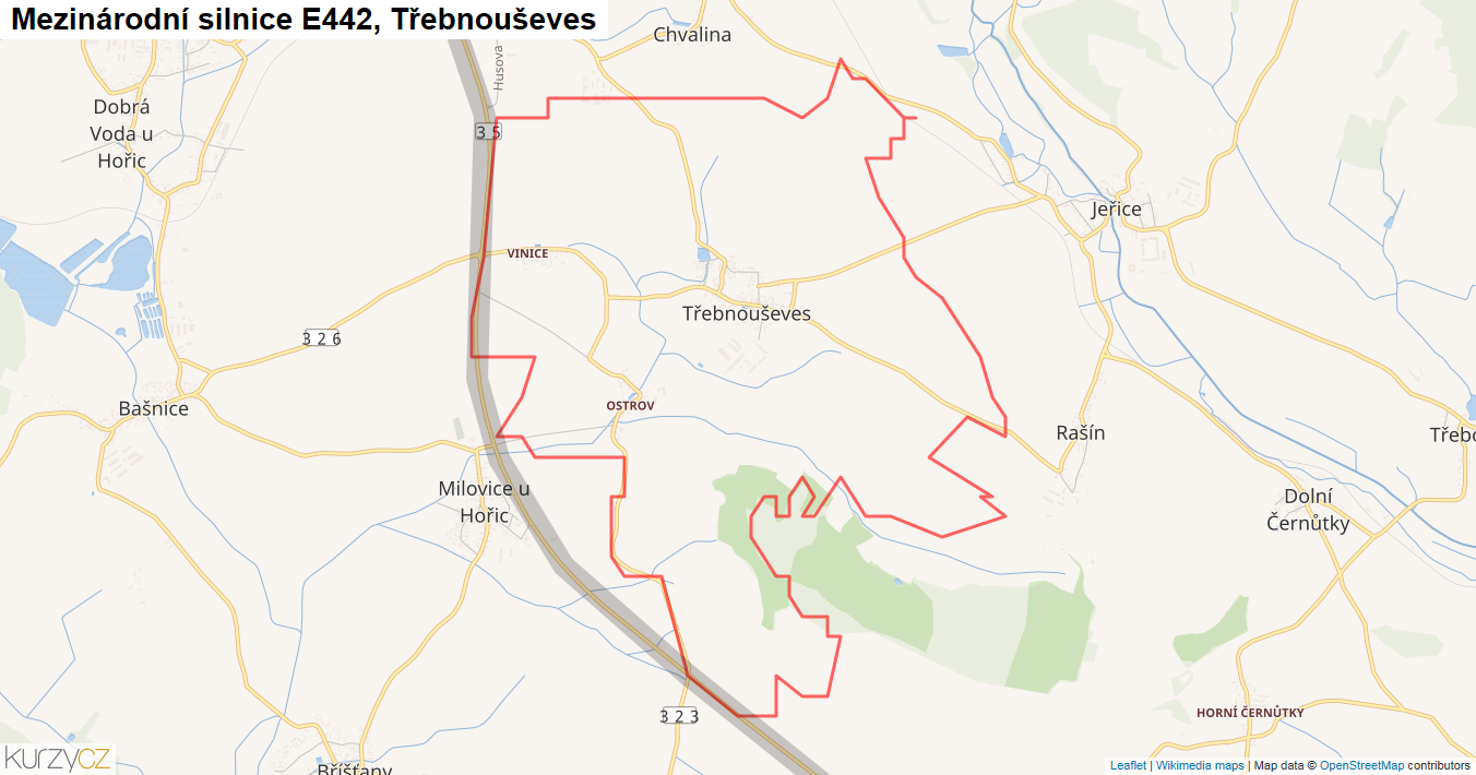 Třebnouševes, Silnice E442 - Mapa