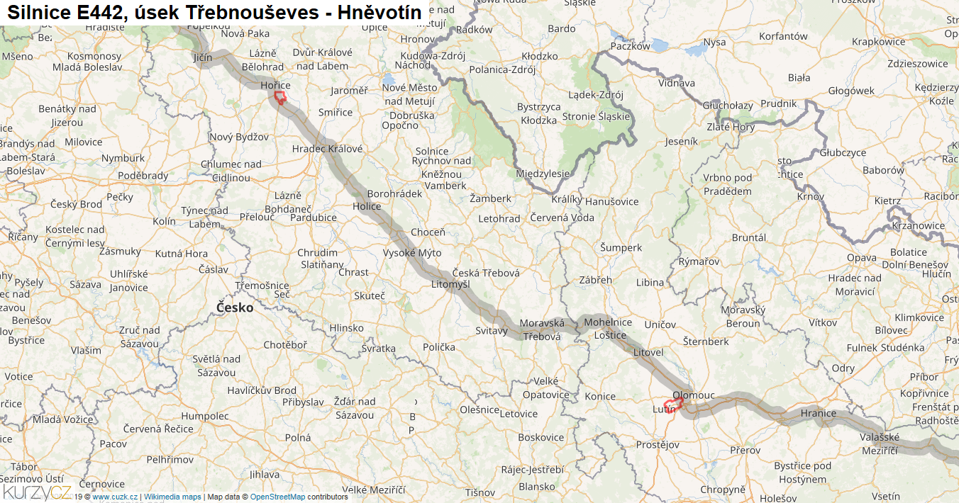 Úsek Třebnouševes - Hněvotín, Silnice E442 - Mapa