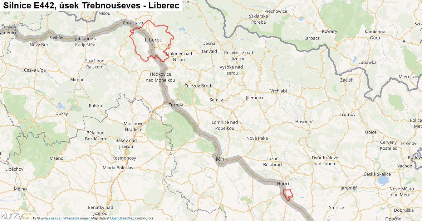 Úsek Třebnouševes - Liberec, Silnice E442 - Mapa