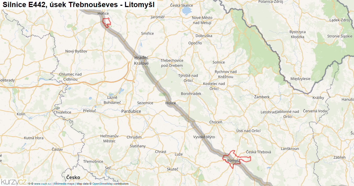 Úsek Třebnouševes - Litomyšl, Silnice E442 - Mapa