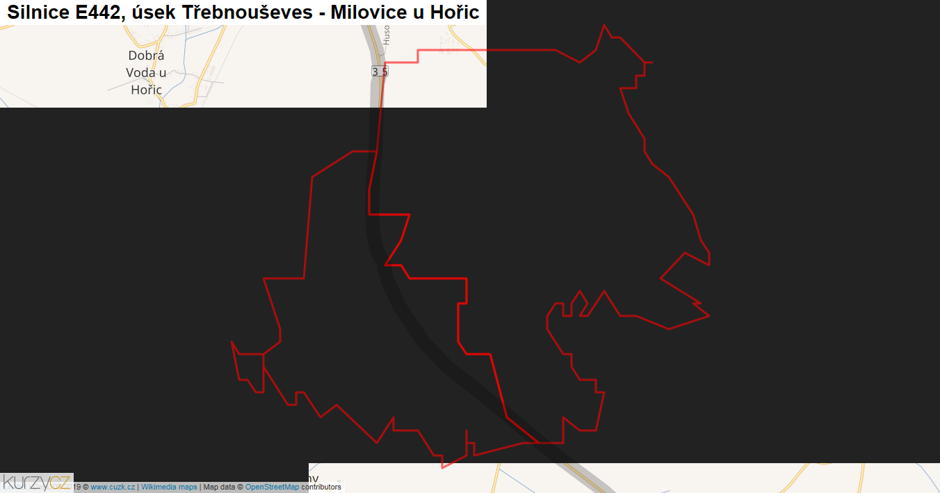 Úsek Třebnouševes - Milovice u Hořic, Silnice E442 - Mapa