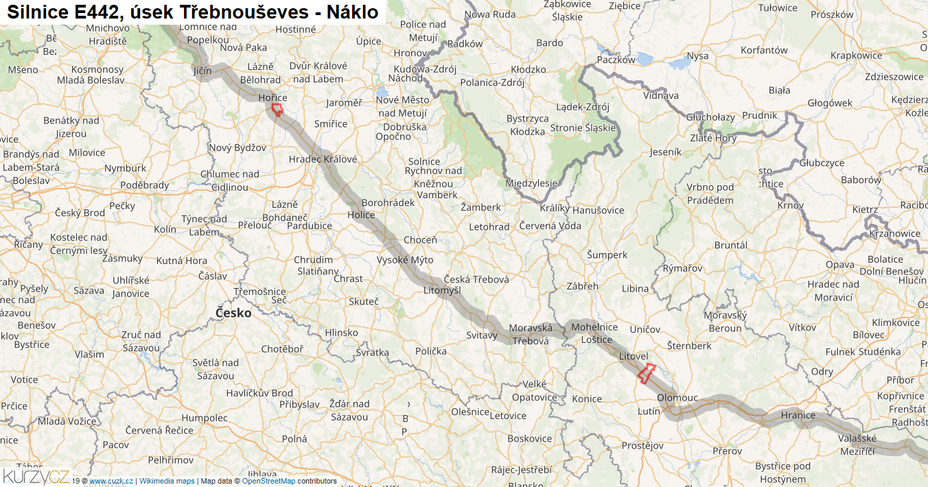 Úsek Třebnouševes - Náklo, Silnice E442 - Mapa