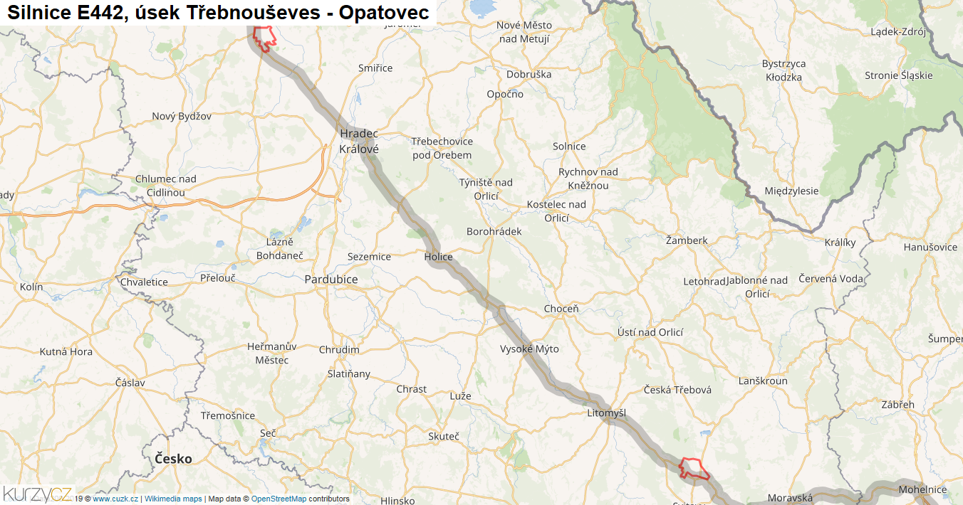 Úsek Třebnouševes - Opatovec, Silnice E442 - Mapa