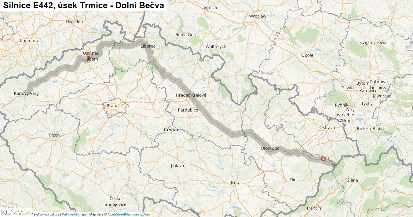 Úsek Trmice - Dolní Bečva, Silnice E442 - Mapa
