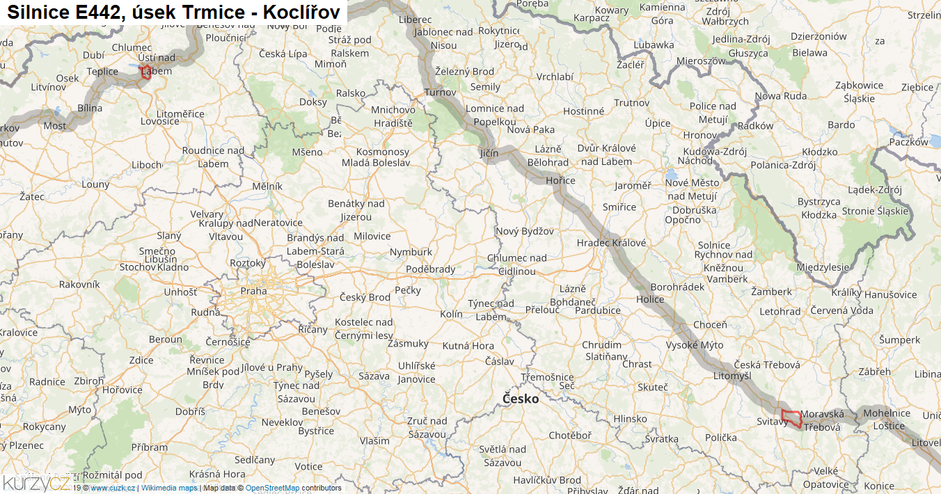 Úsek Trmice - Koclířov, Silnice E442 - Mapa