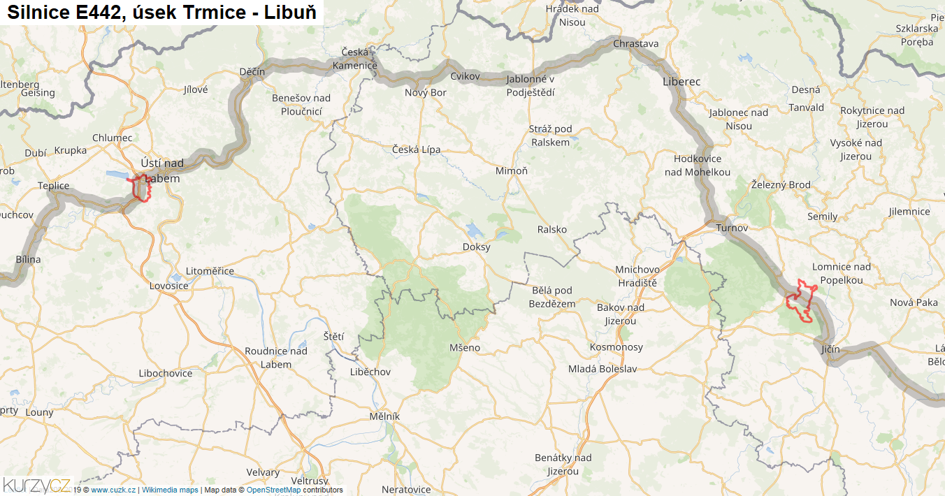 Úsek Trmice - Libuň, Silnice E442 - Mapa