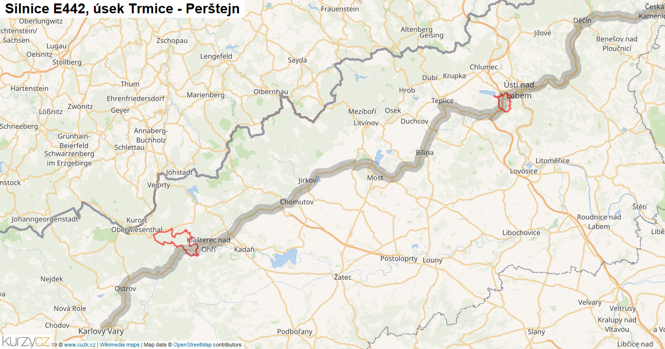 Úsek Trmice - Perštejn, Silnice E442 - Mapa