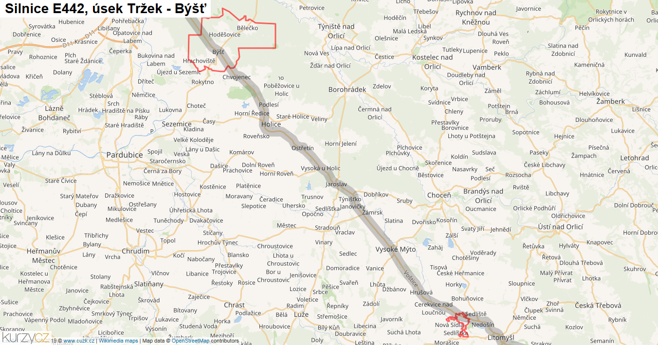 Úsek Tržek - Býšť, Silnice E442 - Mapa