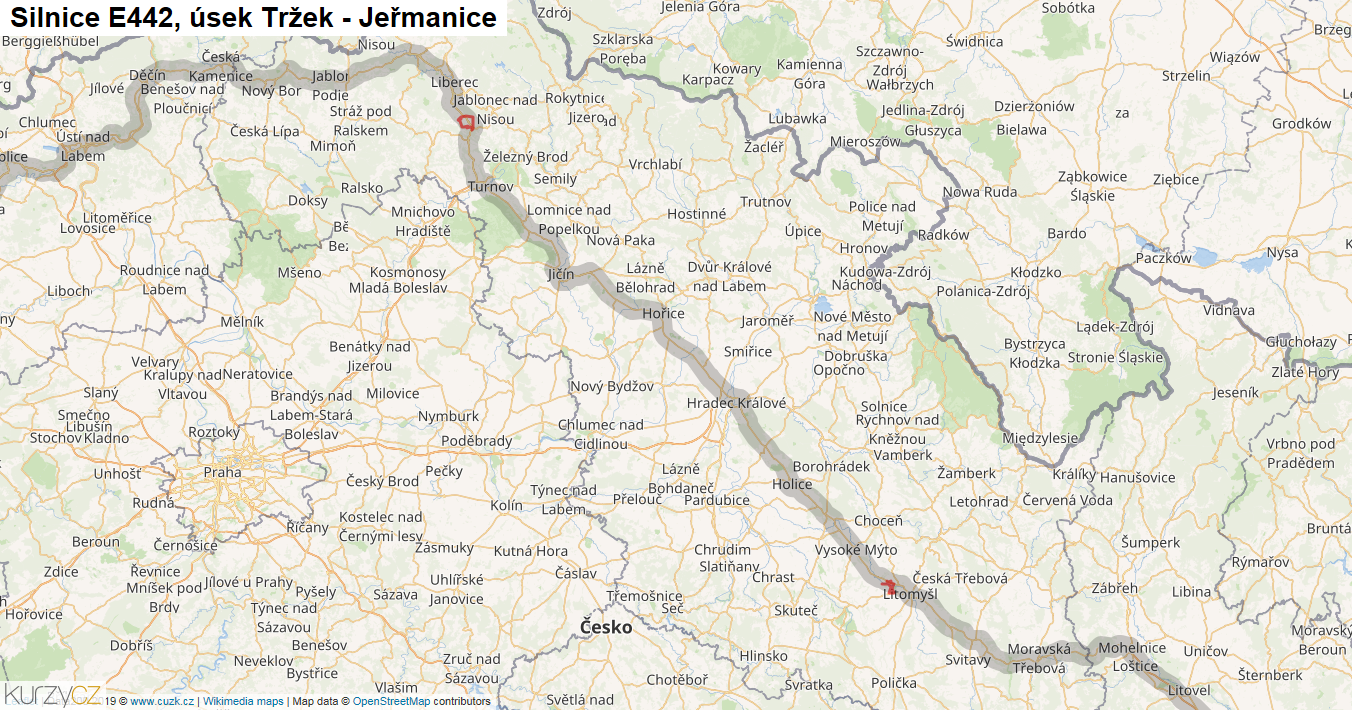 Úsek Tržek - Jeřmanice, Silnice E442 - Mapa