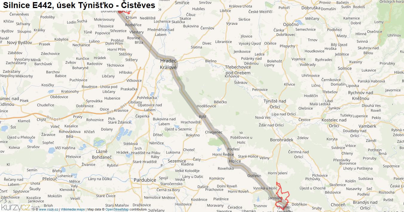 Úsek Týnišťko - Čistěves, Silnice E442 - Mapa