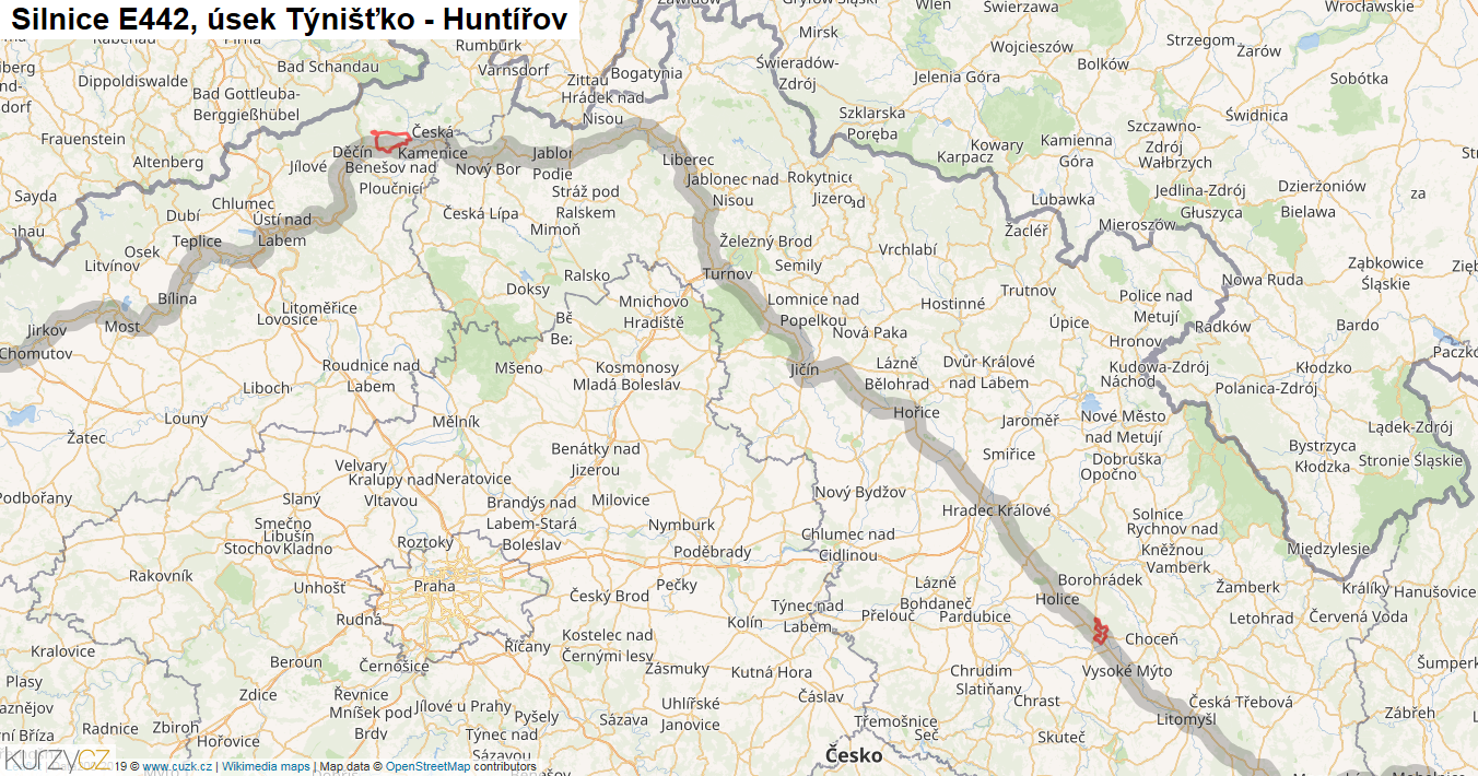 Úsek Týnišťko - Huntířov, Silnice E442 - Mapa