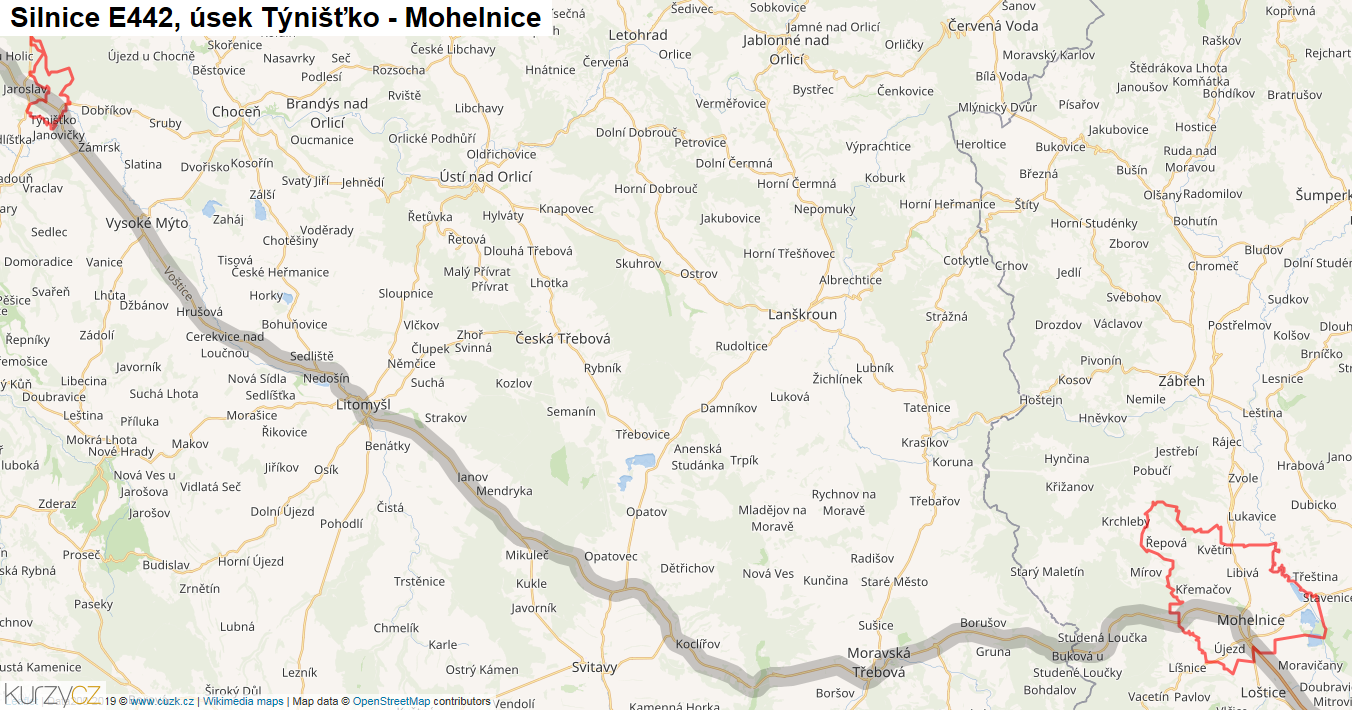 Úsek Týnišťko - Mohelnice, Silnice E442 - Mapa