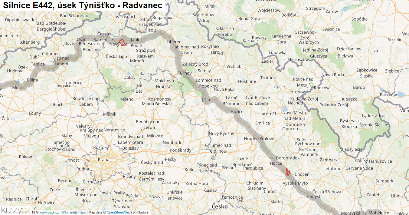 Úsek Týnišťko - Radvanec, Silnice E442 - Mapa