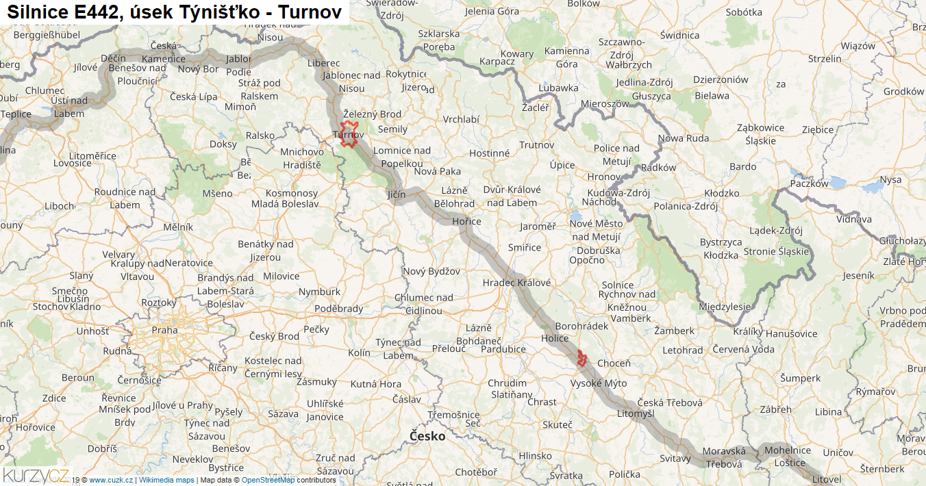 Úsek Týnišťko - Turnov, Silnice E442 - Mapa