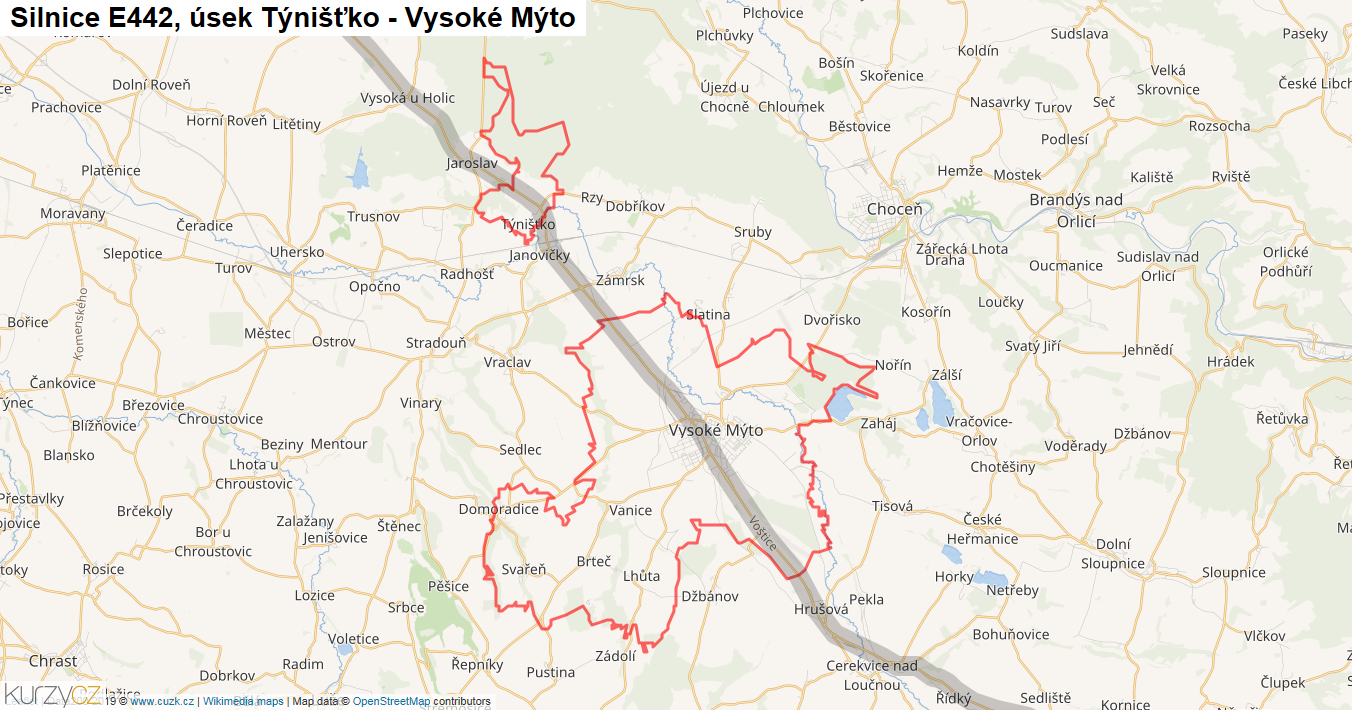 Úsek Týnišťko - Vysoké Mýto, Silnice E442 - Mapa