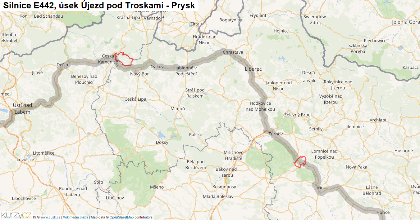 Úsek Újezd pod Troskami - Prysk, Silnice E442 - Mapa