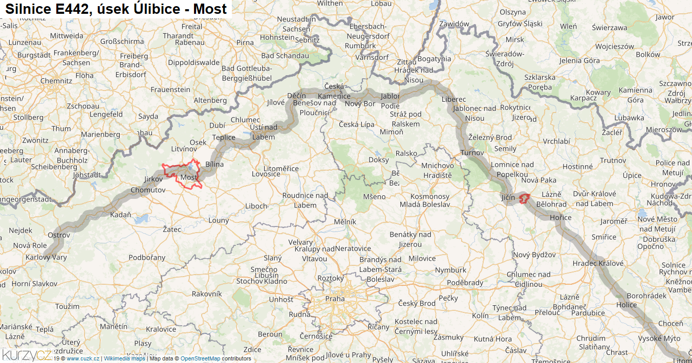 Úsek Úlibice - Most, Silnice E442 - Mapa