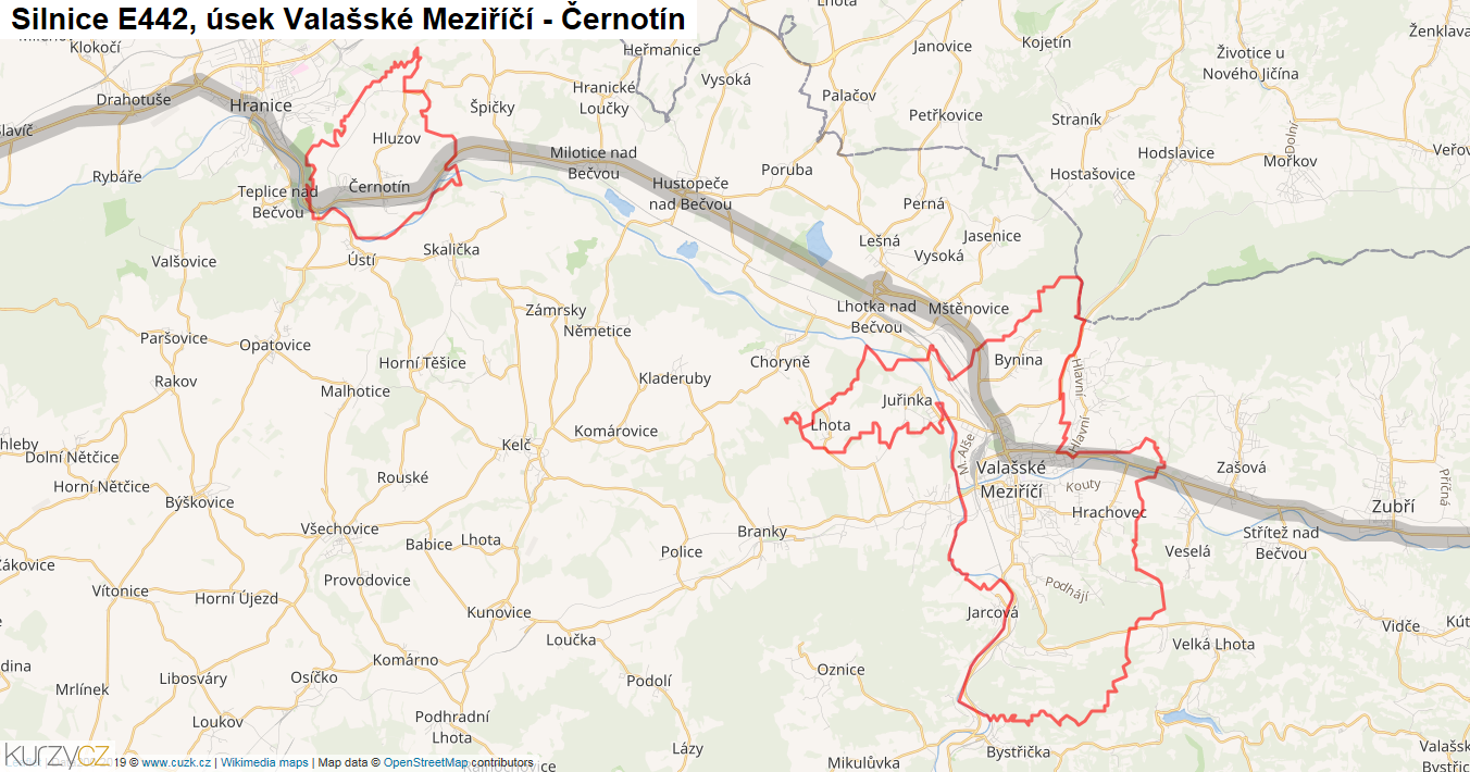 Úsek Valašské Meziříčí - Černotín, Silnice E442 - Mapa