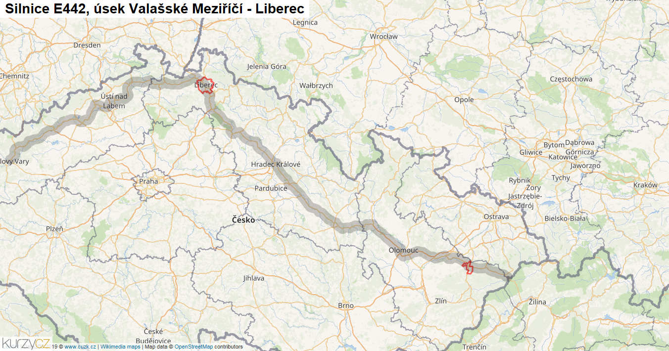Úsek Valašské Meziříčí - Liberec, Silnice E442 - Mapa