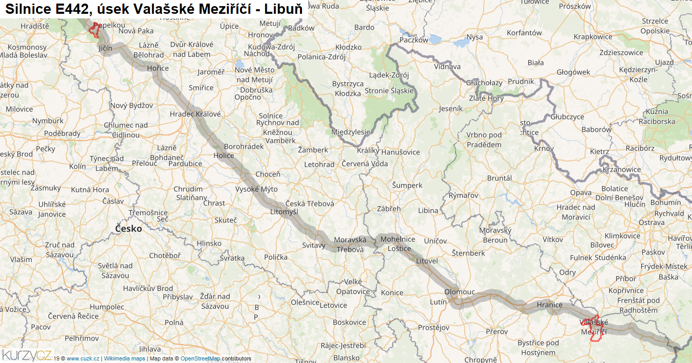 Úsek Valašské Meziříčí - Libuň, Silnice E442 - Mapa