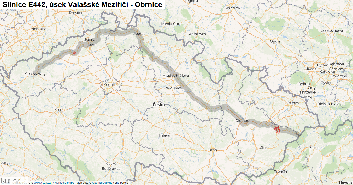 Úsek Valašské Meziříčí - Obrnice, Silnice E442 - Mapa
