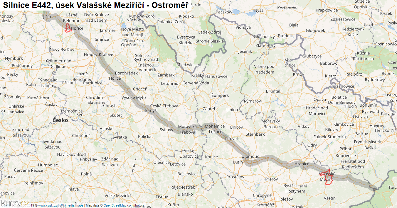 Úsek Valašské Meziříčí - Ostroměř, Silnice E442 - Mapa