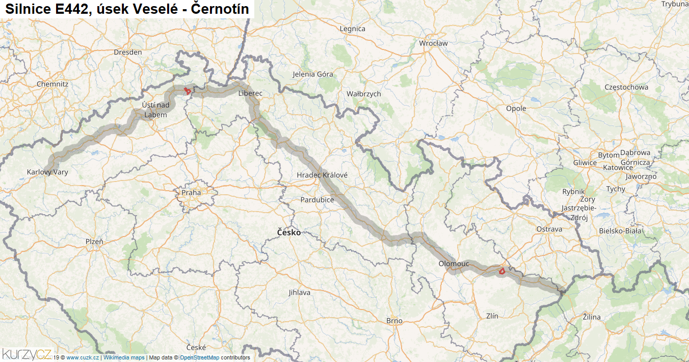 Úsek Veselé - Černotín, Silnice E442 - Mapa