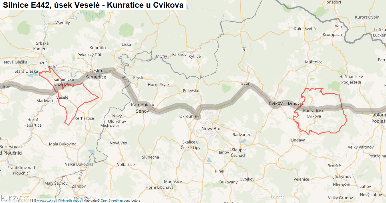 Úsek Veselé - Kunratice u Cvikova, Silnice E442 - Mapa