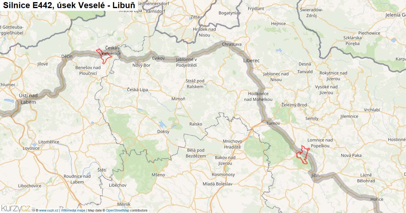 Úsek Veselé - Libuň, Silnice E442 - Mapa