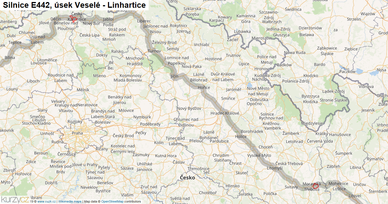 Úsek Veselé - Linhartice, Silnice E442 - Mapa