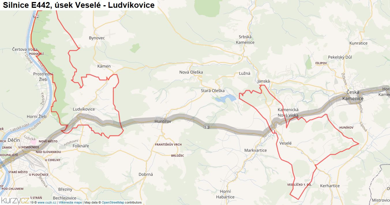 Úsek Veselé - Ludvíkovice, Silnice E442 - Mapa