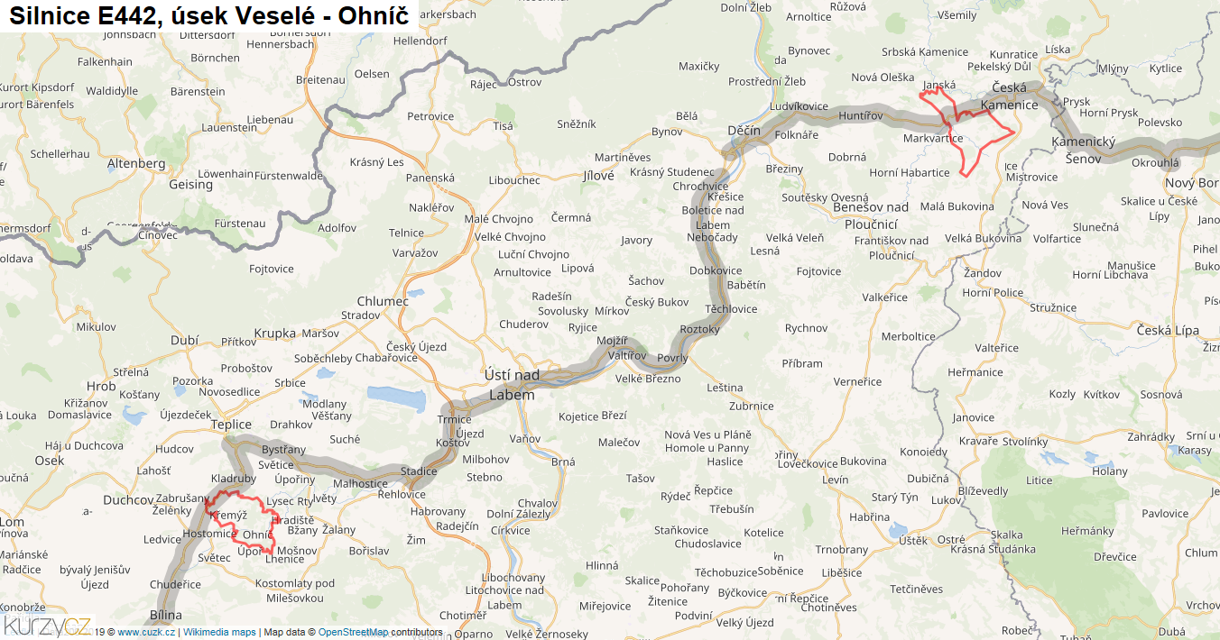Úsek Veselé - Ohníč, Silnice E442 - Mapa