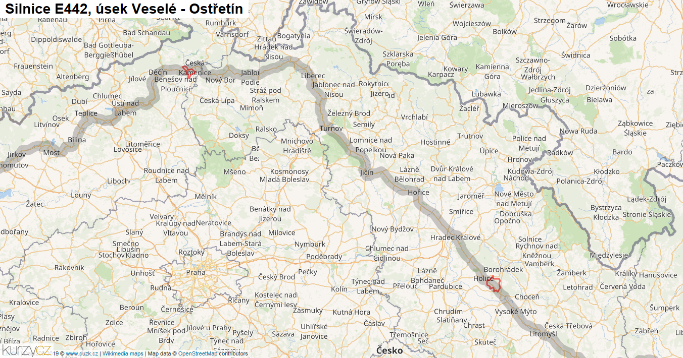 Úsek Veselé - Ostřetín, Silnice E442 - Mapa