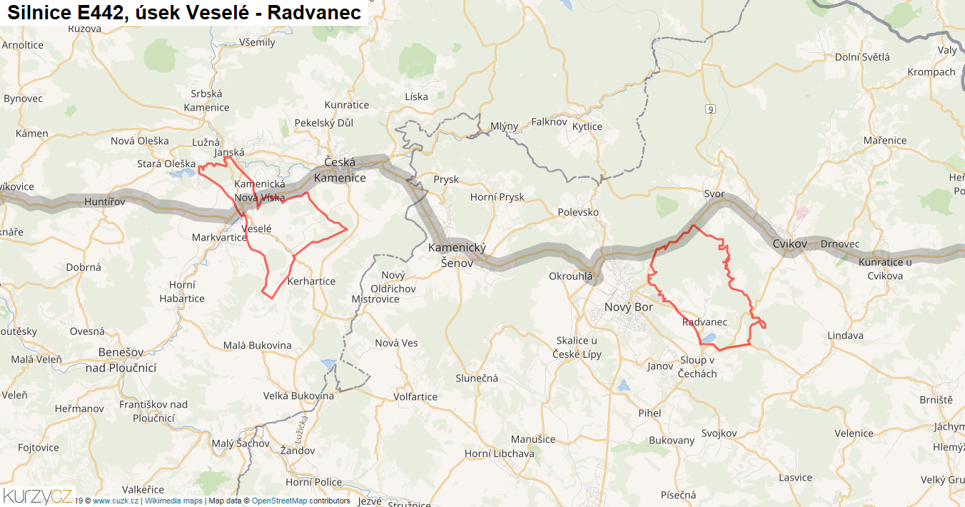 Úsek Veselé - Radvanec, Silnice E442 - Mapa